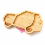 Bambusz Autós tányér tapadókoronggal babáknak, 26x16cm, rózsaszín