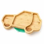 Bambusz Autós tányér tapadókoronggal babáknak, 26x16cm, zöld