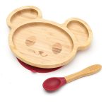 Bambusz Egeres tányér tapadókoronggal és kanállal, 18x17cm, piros
