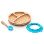 Bambusz kerek tányér tapadókoronggal és kanállal, 18cm, kék