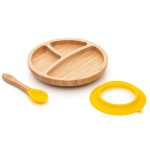 Gyermek 3 rekeszes osztott bambusz tányér tapadókoronggal és kanállal, 18 cm, sárga – Dodoli