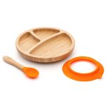 Gyermek 3 rekeszes osztott bambusz tányér tapadókoronggal és kanállal, 18 cm, narancs – Dodoli