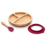 Bambusz kerek tányér tapadókoronggal és kanállal, 18cm, piros