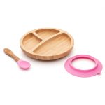 Bambusz kerek tányér tapadókoronggal és kanállal, 18cm, rózsaszín