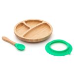Bambusz kerek tányér tapadókoronggal és kanállal, 18cm, zöld