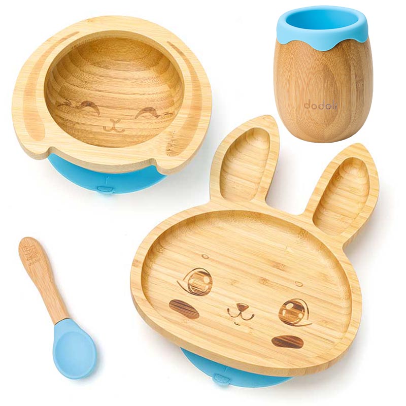 Gyermek bambusz étkészlet tálkával, tányérral, pohárral és kanállal - Nyuszi, kék - Dodoli