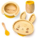 Bambusz étkészlet tálkával, tányérral, pohárral és kanállal – Nyuszi, sárga