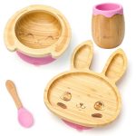 Gyermek bambusz étkészlet tálkával, tányérral, pohárral és kanállal – Nyuszi, rózsaszín – Dodoli