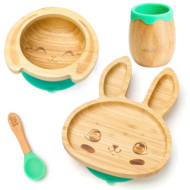 Gyermek bambusz étkészlet tálkával, tányérral, pohárral és kanállal – Nyuszi, zöld – Dodoli