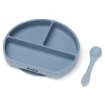 Csúszásmentes szilikon tányér és kanál, pasztell kék, 21x19cm