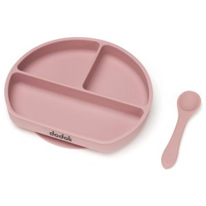 Csúszásmentes szilikon baba tányér tapadókoronggal és kanállal - babáknak és gyerekeknek - öntapadós, pasztell rózsaszín, 21cm - Dodoli