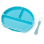 Csúszásmentes szilikon tányér baba etetőkanállal, kék, 21x19cm
