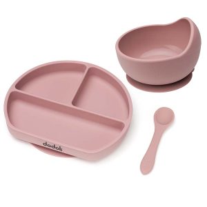 Szilikon baba étkészlet tányérral, tálkával, kanállal - csúszásmentes, pasztell rózsaszín - Dodoli