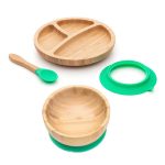 Bambusz baba étkészlet tapadókoronggal – babáknak és gyerekeknek – zöld – Dodoli