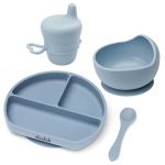 Szilikon baba étkészlet tányérral, tálkával, pohárral és kanállal – pasztell kék – Dodoli