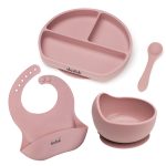 Szilikon baba étkészlet tálkával, tányérral, előkével és kanállal – pasztell rózsaszín – Dodoli