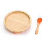 Csúszásmentes bambusz tányér gyerekeknek és babáknak – tapadókoronggal és kanállal, 18 cm, narancs – Dodoli