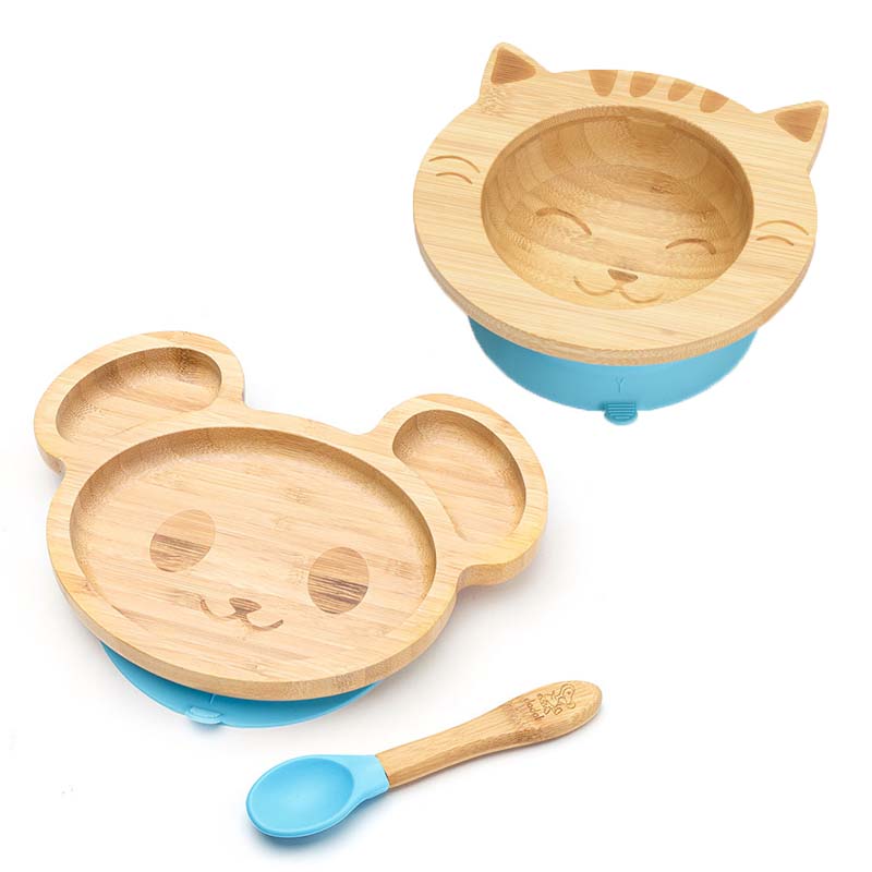 Bambusz baba étkészlet tapadókoronggal – babáknak és gyerekeknek – Macska és Egér, kék – Dodoli