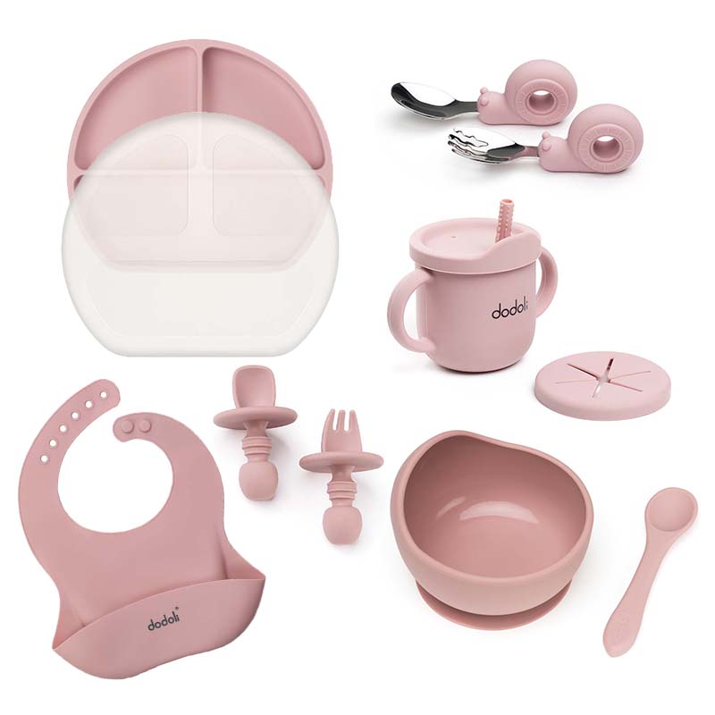 Minden az 1-ben baba étkészlet – 10 részes, hozzátáplálás, pasztell rózsaszín – Dodoli