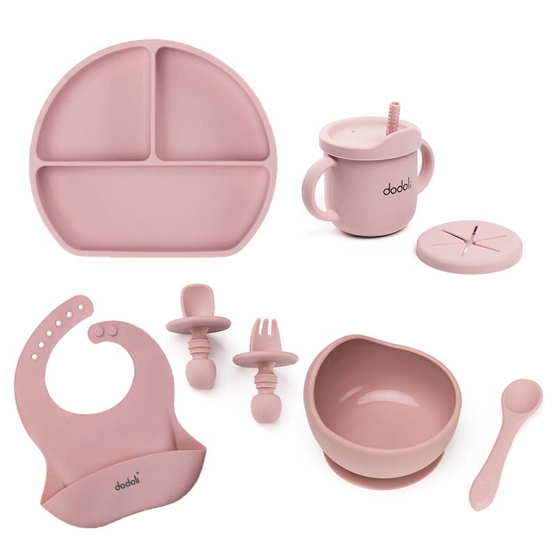 Szilikon baba étkészlet – 7 részes, hozzátáplálás, pasztell rózsaszín – Dodoli