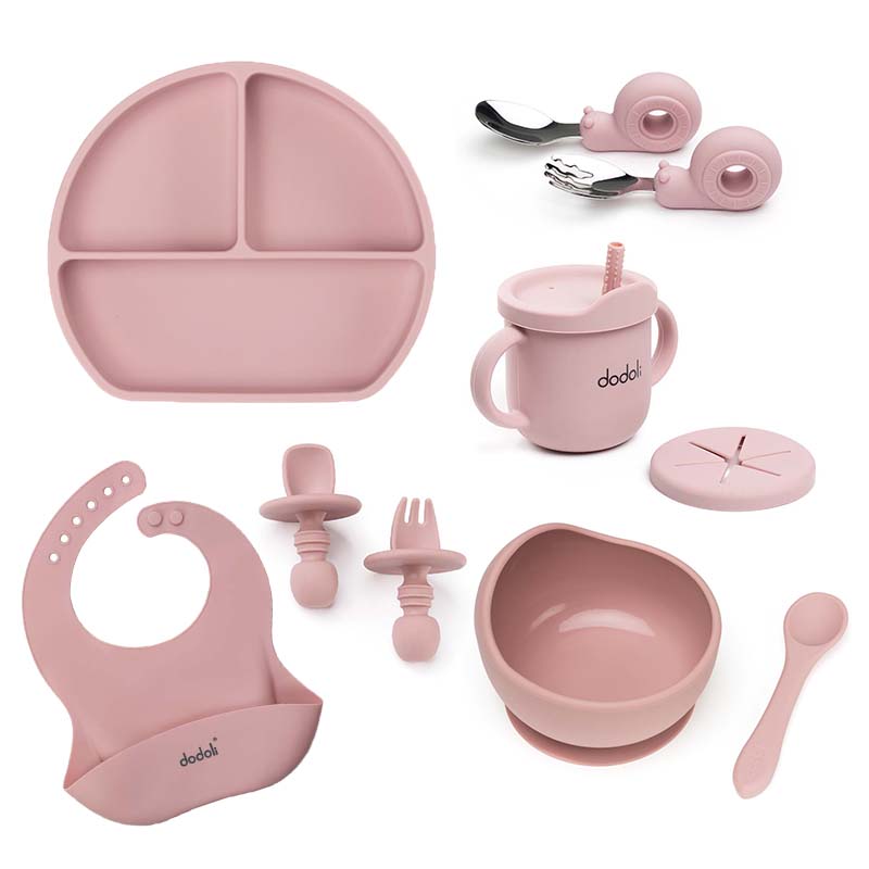 Komplett baba étkészlet – 9 részes, hozzátáplálás, pasztell rózsaszín – Dodoli