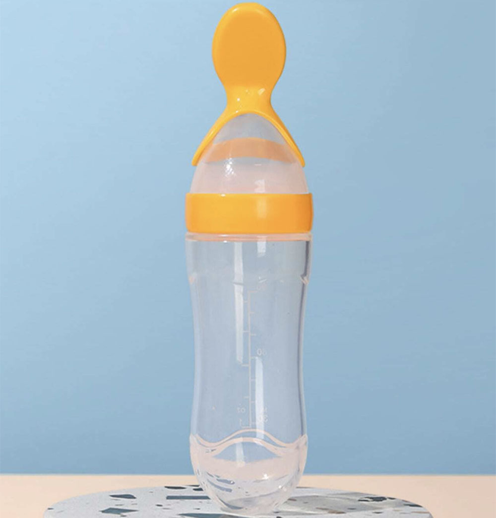 Adagolós szilikon etetőkanál babák hozzátáplálásához, védőfedéllel, 4+ hónap, 100 ml – sárga