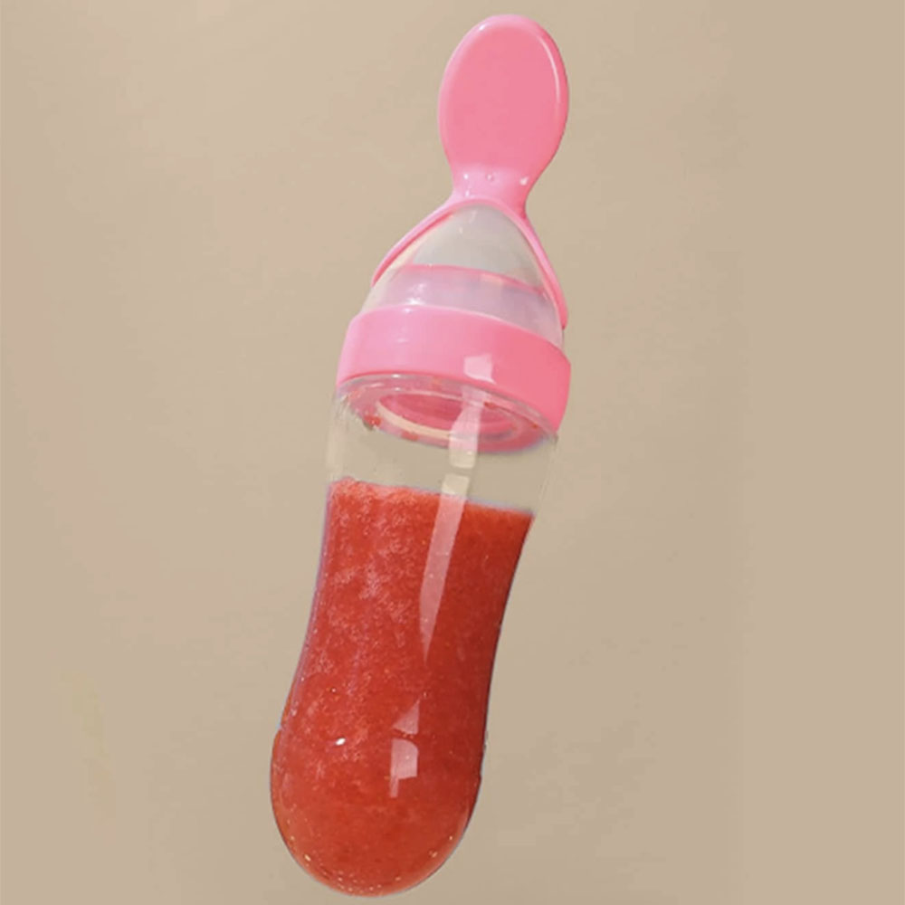 Adagolós szilikon etetőkanál babák hozzátáplálásához, védőfedéllel, 100 ml – rózsaszín 1
