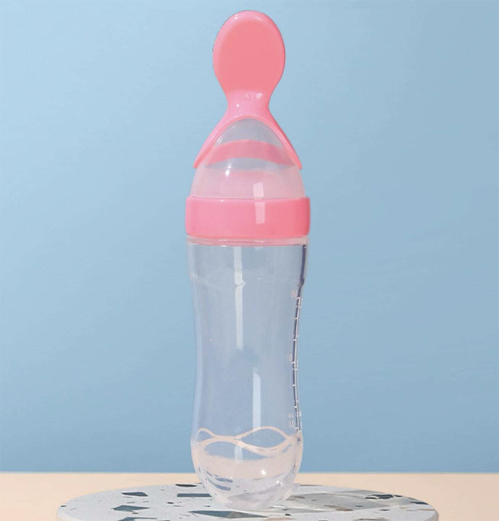 Adagolós szilikon etetőkanál babák hozzátáplálásához, védőfedéllel, 100 ml – rózsaszín